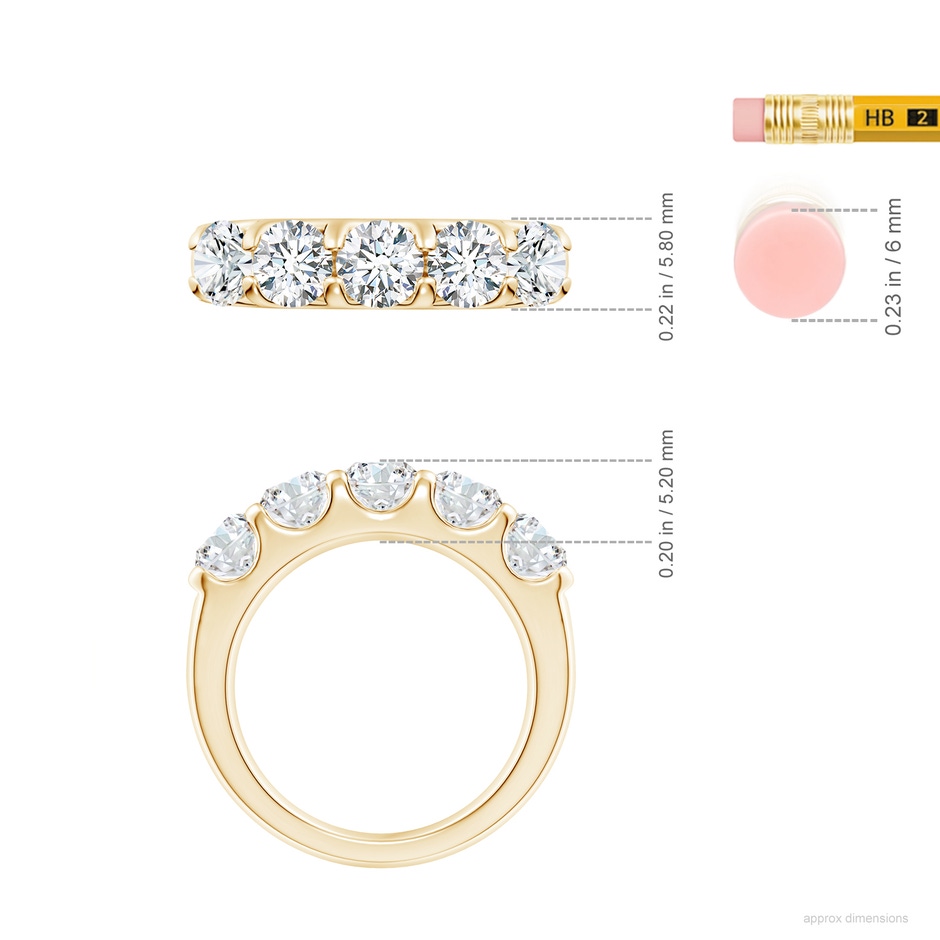 5.1mm FGVS Lab-Grown Shared Prong Set Half Eternity Diamond Wedding Band in Yellow Gold ruler