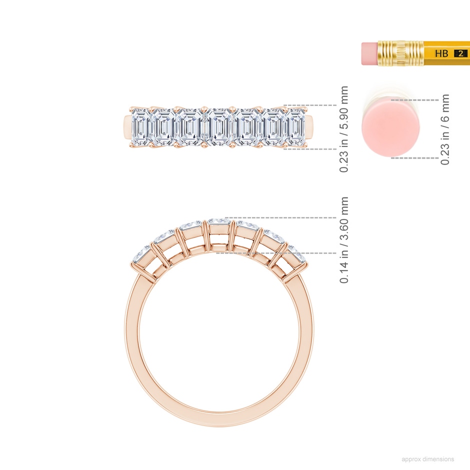 4x3mm FGVS Lab-Grown Prong-Set Emerald-Cut Diamond Seven Stone Wedding Band in Rose Gold ruler