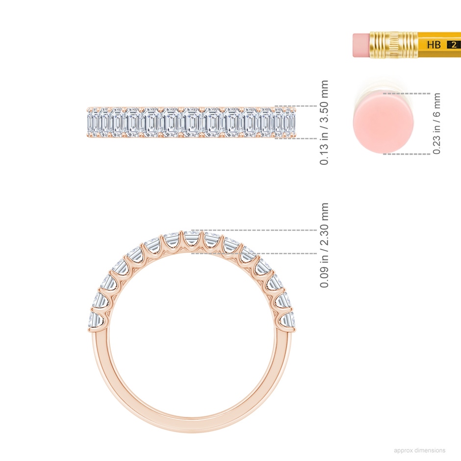 3x2mm FGVS Lab-Grown Shared Prong-Set Emerald-Cut Diamond Half Eternity Wedding Band in Rose Gold ruler