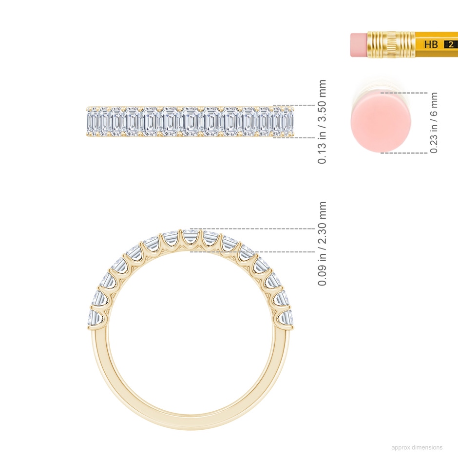 3x2mm FGVS Lab-Grown Shared Prong-Set Emerald-Cut Diamond Half Eternity Wedding Band in Yellow Gold ruler
