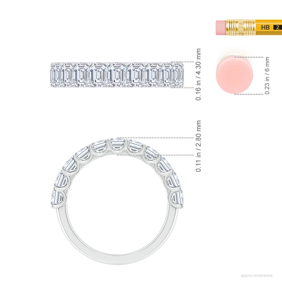 4x3mm FGVS Lab-Grown Shared Prong-Set Emerald-Cut Diamond Half Eternity Wedding Band in White Gold ruler