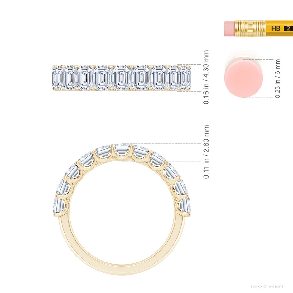 4x3mm FGVS Lab-Grown Shared Prong-Set Emerald-Cut Diamond Half Eternity Wedding Band in Yellow Gold ruler