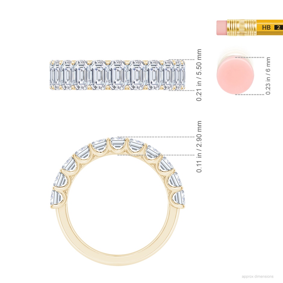 5x3mm FGVS Lab-Grown Shared Prong-Set Emerald-Cut Diamond Half Eternity Wedding Band in Yellow Gold ruler