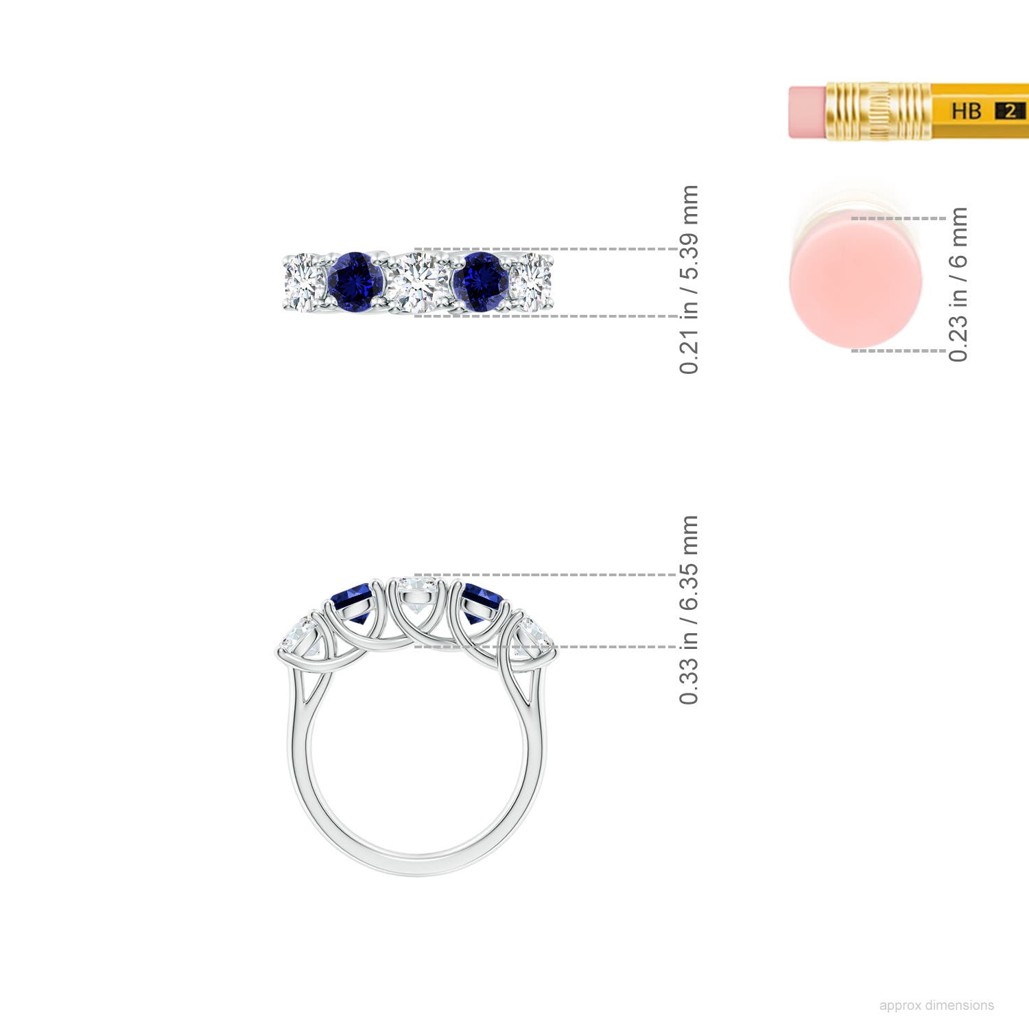 4.8mm FGVS Lab-Grown Half Eternity 5 Stone Diamond and Sapphire Wedding Band in White Gold - ruler