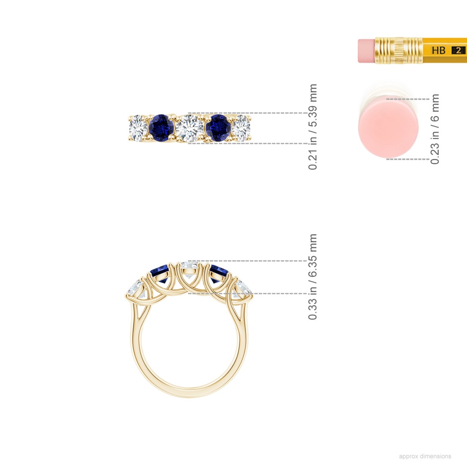 4.8mm FGVS Lab-Grown Half Eternity 5 Stone Diamond and Sapphire Wedding Band in Yellow Gold ruler