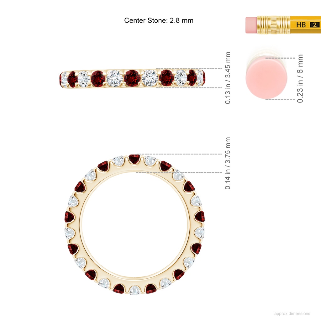2.8mm Labgrown Lab-Grown Shared Prong Ruby and Diamond Eternity Band in 60 Yellow Gold ruler
