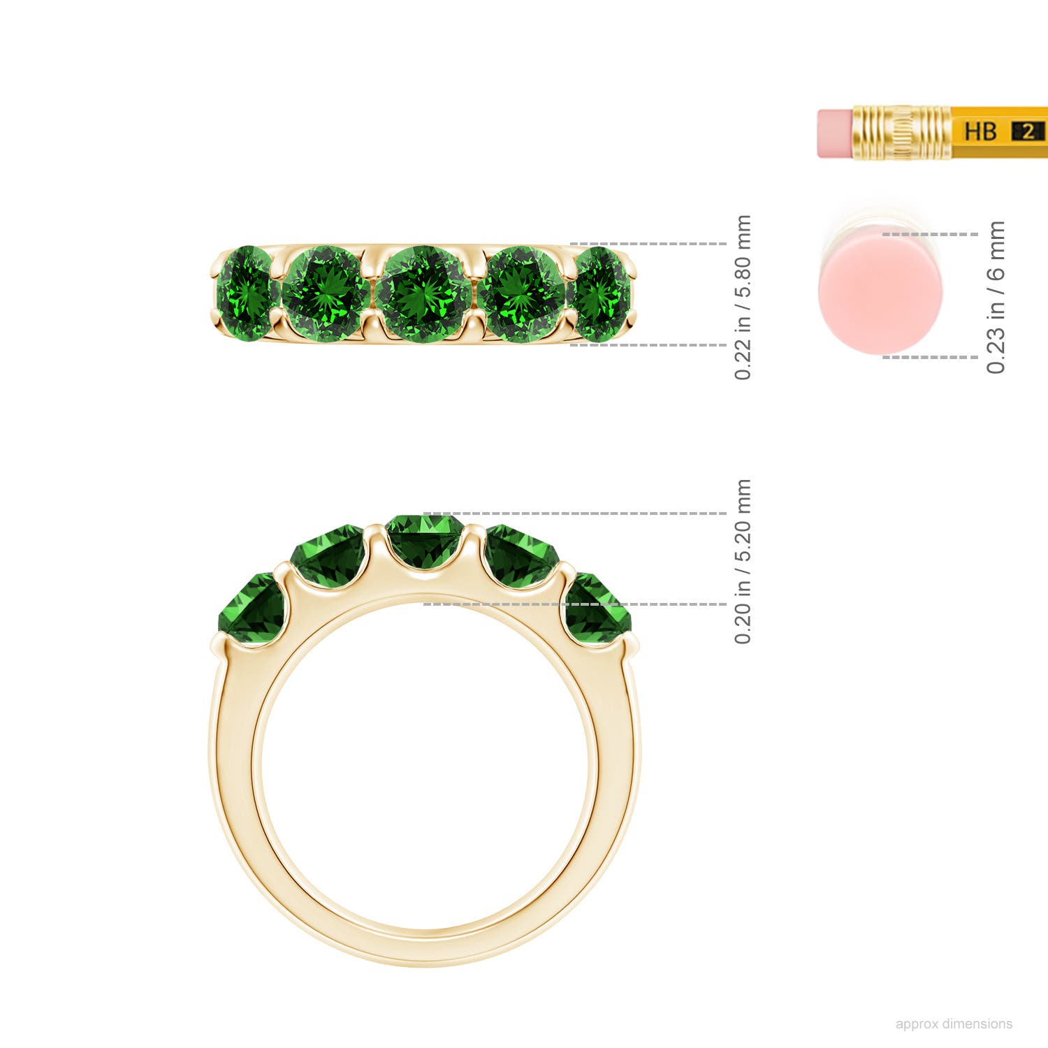5mm Labgrown Lab-Grown Shared Prong Set Half Eternity Emerald Wedding Band in Yellow Gold - ruler