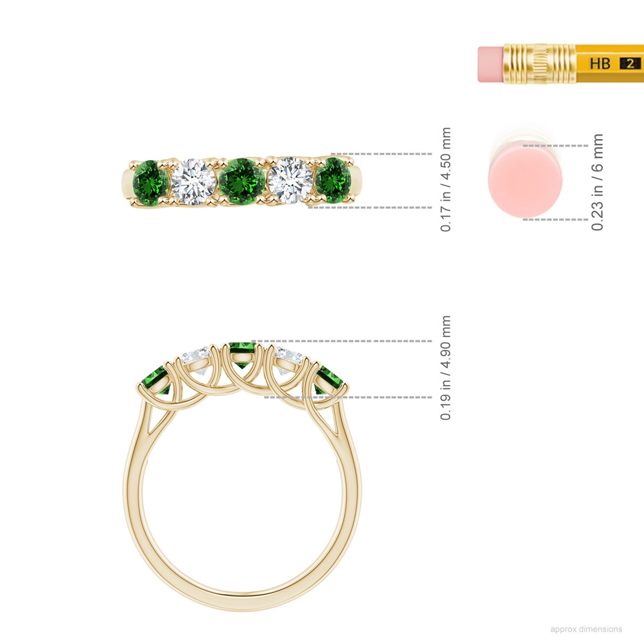 3.8mm Labgrown Lab-Grown Half Eternity 5 Stone Emerald and Diamond Wedding Band in Yellow Gold ruler