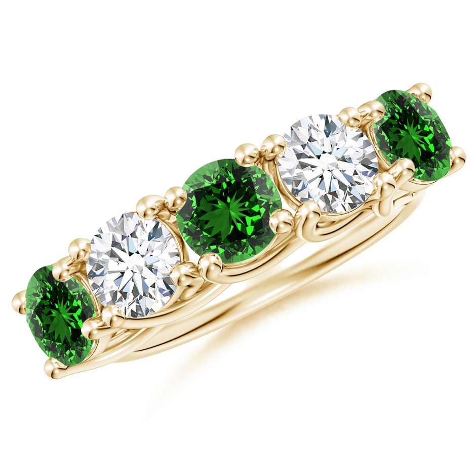 5.5mm Labgrown Lab-Grown Half Eternity 5 Stone Emerald and Diamond Wedding Band in Yellow Gold 