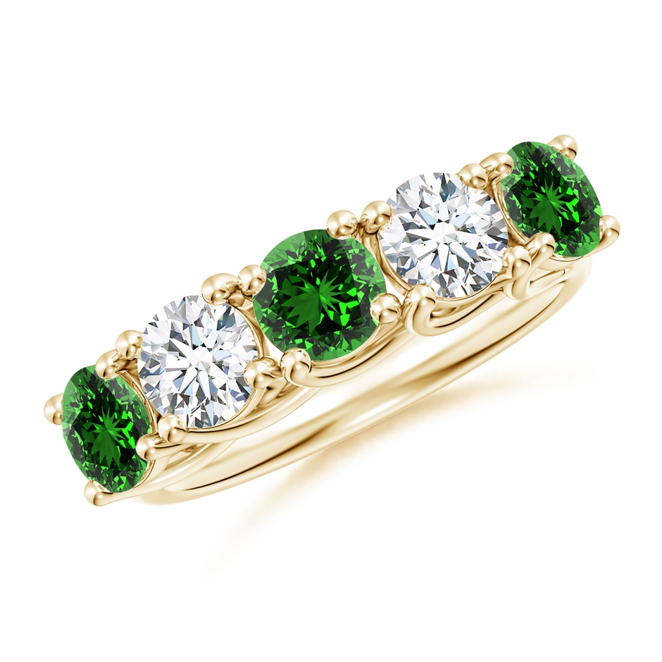5mm Labgrown Lab-Grown Half Eternity 5 Stone Emerald and Diamond Wedding Band in Yellow Gold 