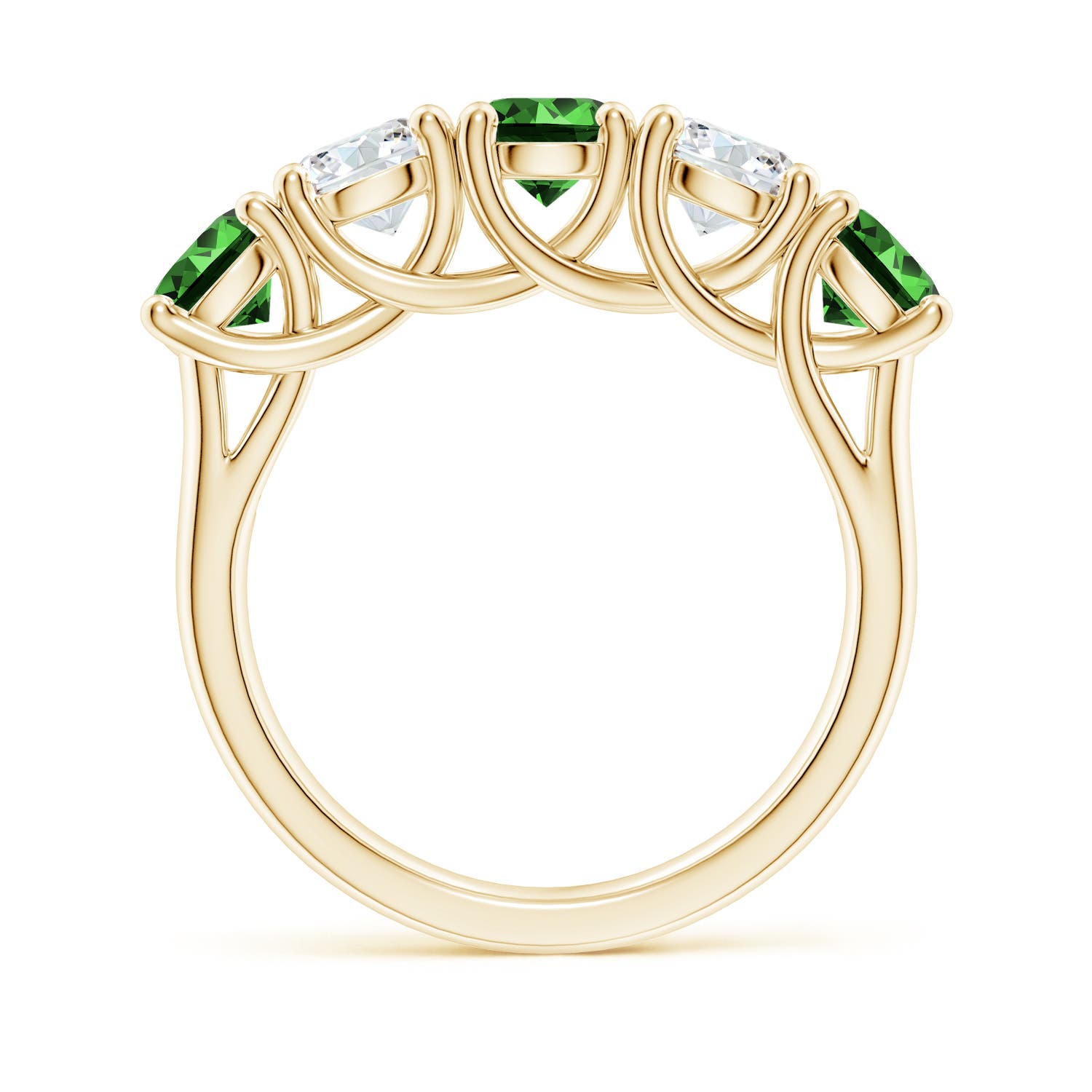 5mm Labgrown Lab-Grown Half Eternity 5 Stone Emerald and Diamond Wedding Band in Yellow Gold