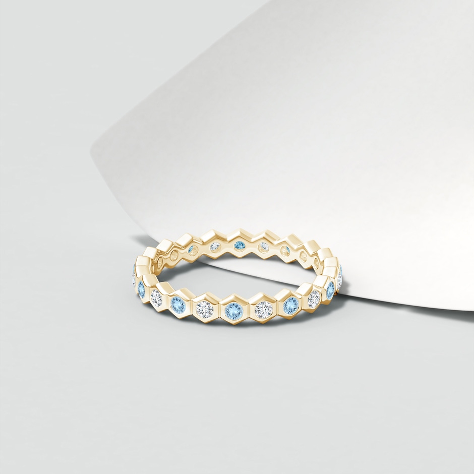 1.5mm AAA Natori x Angara Hexagonal Aquamarine and Diamond Eternity Band in 55 Yellow Gold lifestyle