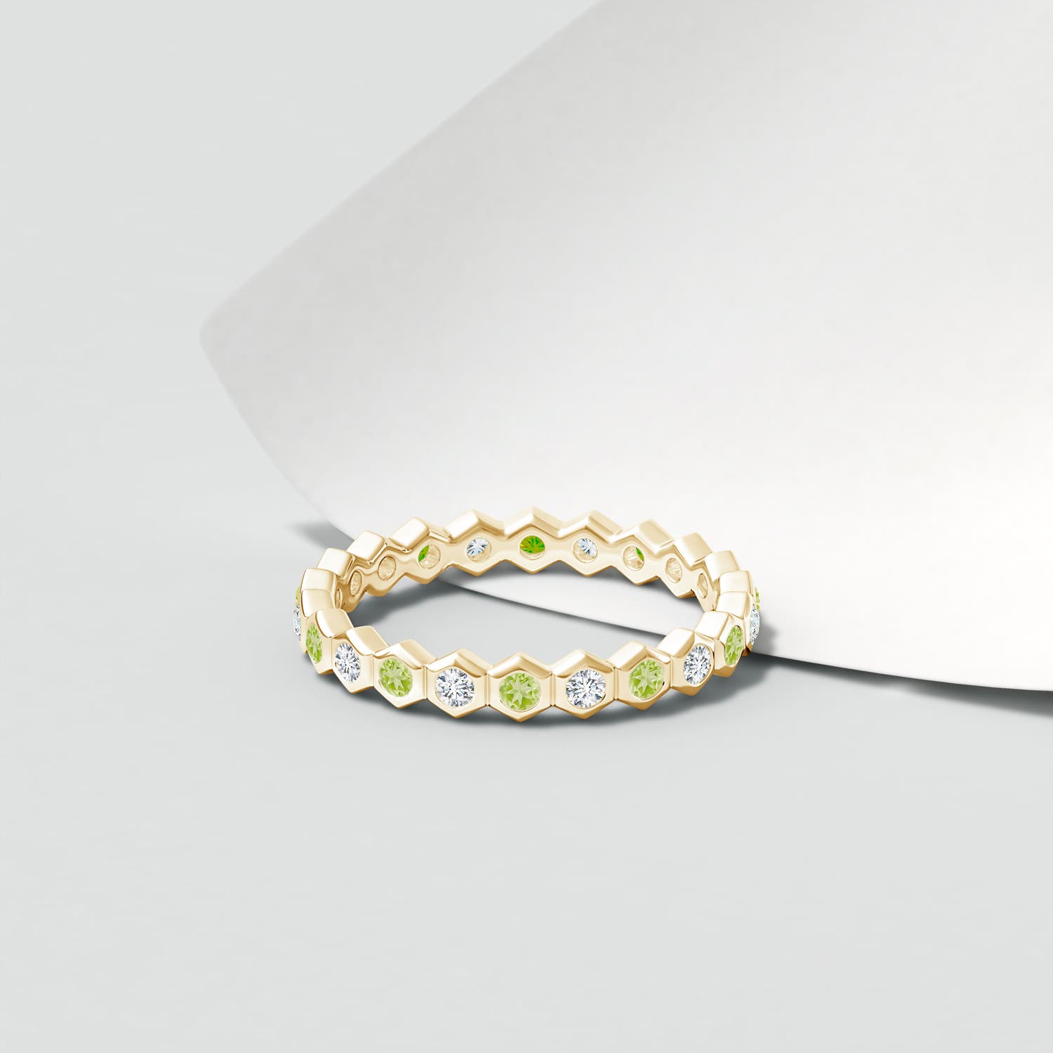 1.5mm AAA Natori x Angara Hexagonal Peridot and Diamond Eternity Band in 55 Yellow Gold - lifestyle 5