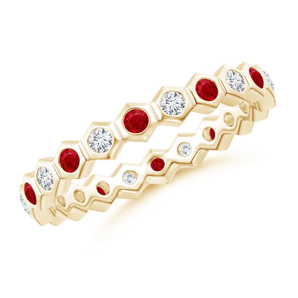 1.5mm AAA Natori x Angara Hexagonal Ruby and Diamond Eternity Band in 55 Yellow Gold