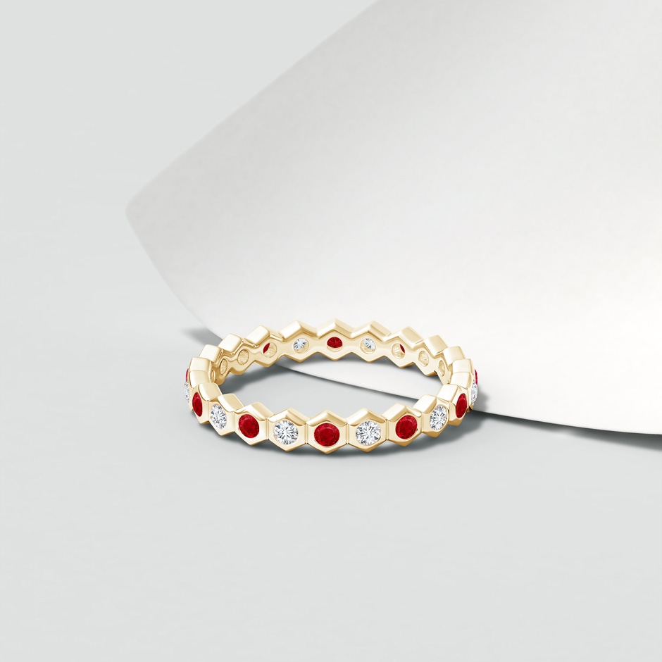 1.5mm AAA Natori x Angara Hexagonal Ruby and Diamond Eternity Band in 55 Yellow Gold lifestyle