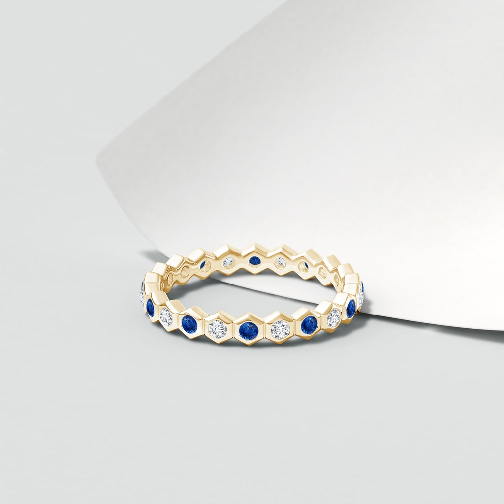 1.5mm AAA Natori x Angara Hexagonal Blue Sapphire and Diamond Eternity Band in 55 Yellow Gold Lifestyle