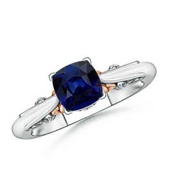 6mm AAA Solitaire Cushion Blue Sapphire Ring in Two Tone in White Gold