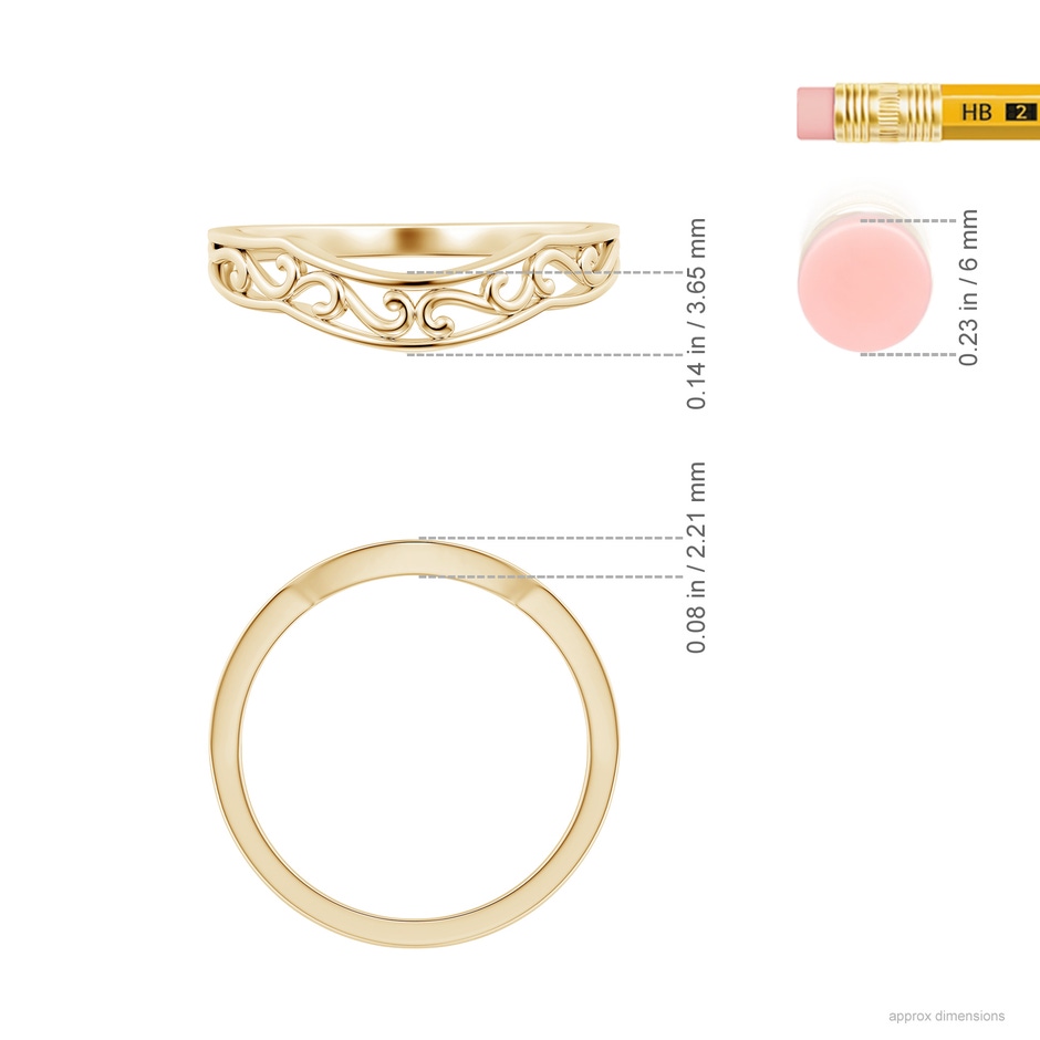 3.65 Vintage Style Diamond Curved Wedding Band with Filigree in Yellow Gold ruler
