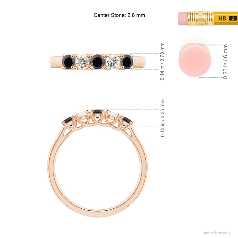 2.8mm A Half Eternity Five Stone Black and White Diamond Wedding Band in Rose Gold ruler