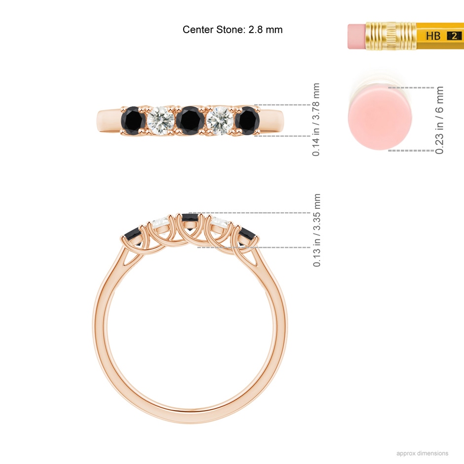 2.8mm AA Half Eternity Five Stone Black and White Diamond Wedding Band in Rose Gold ruler
