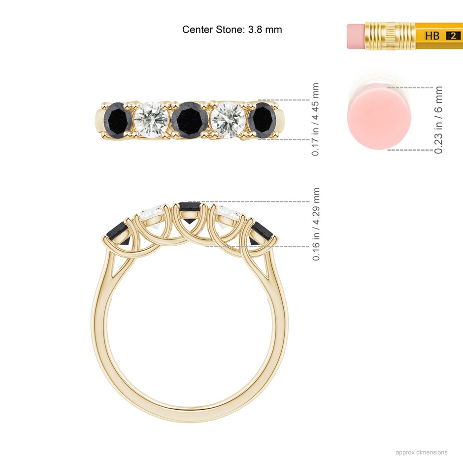 3.8mm A Half Eternity Five Stone Black and White Diamond Wedding Band in Yellow Gold ruler