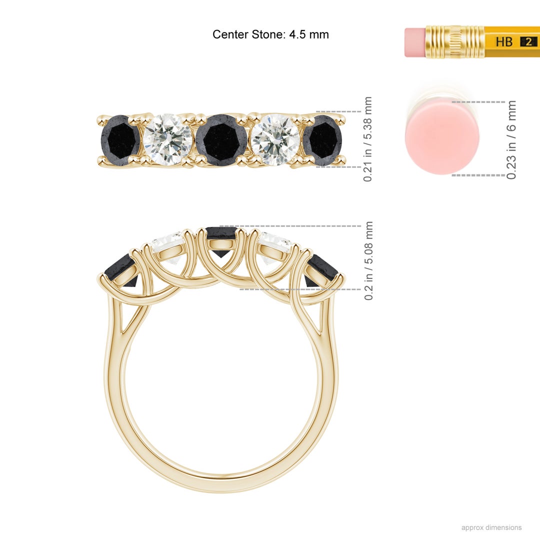 4.5mm A Half Eternity Five Stone Black and White Diamond Wedding Band in Yellow Gold - ruler