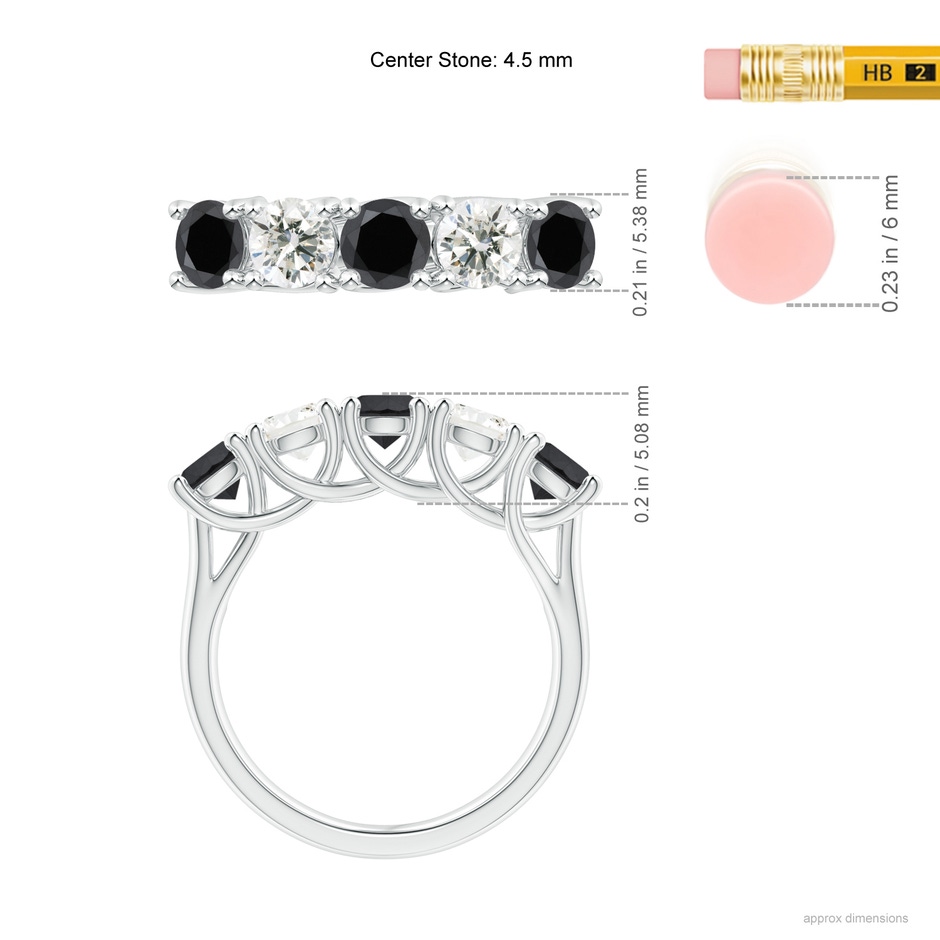 4.5mm AA Half Eternity Five Stone Black and White Diamond Wedding Band in P950 Platinum ruler