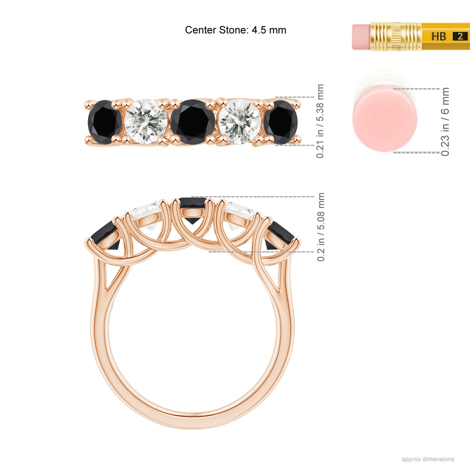 4.5mm AA Half Eternity Five Stone Black and White Diamond Wedding Band in Rose Gold ruler