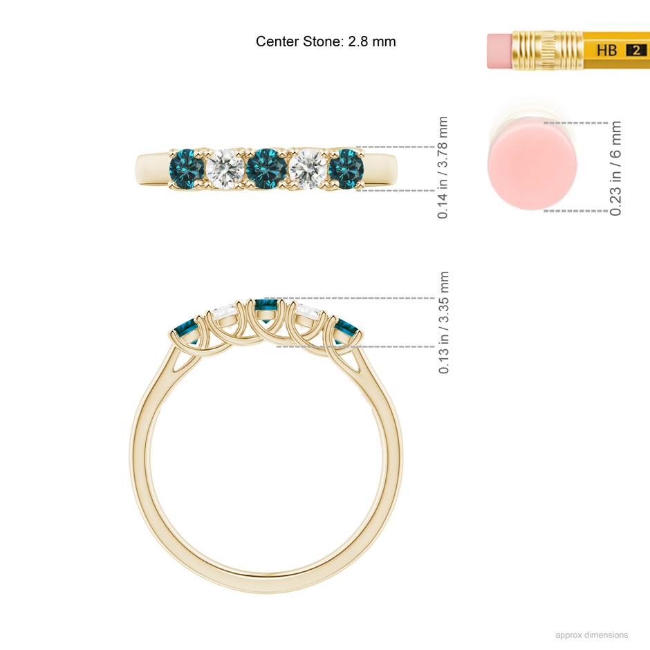 2.8mm AA Half Eternity Five Stone Blue and White Diamond Wedding Band in Yellow Gold ruler