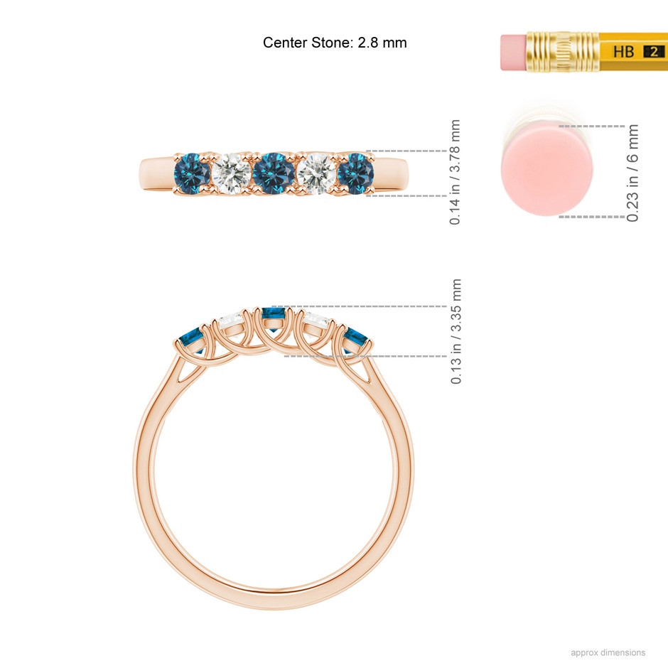 2.8mm AAA Half Eternity Five Stone Blue and White Diamond Wedding Band in Rose Gold ruler