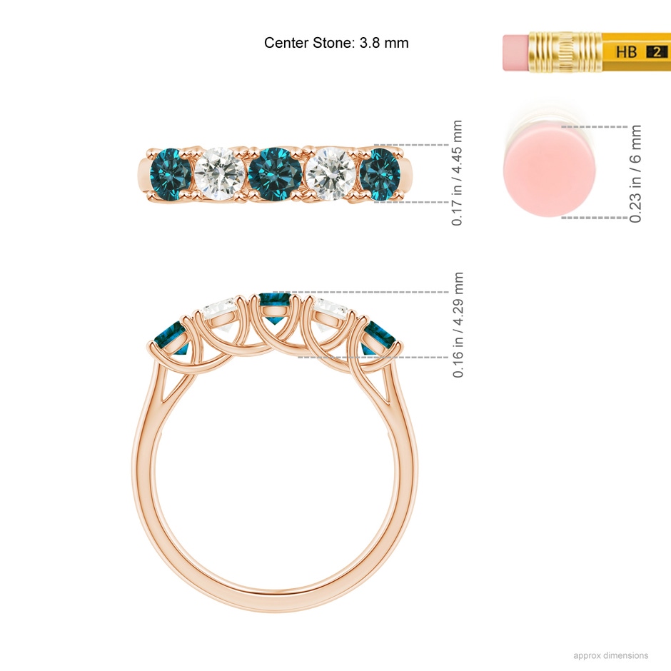 3.8mm AA Half Eternity Five Stone Blue and White Diamond Wedding Band in Rose Gold ruler