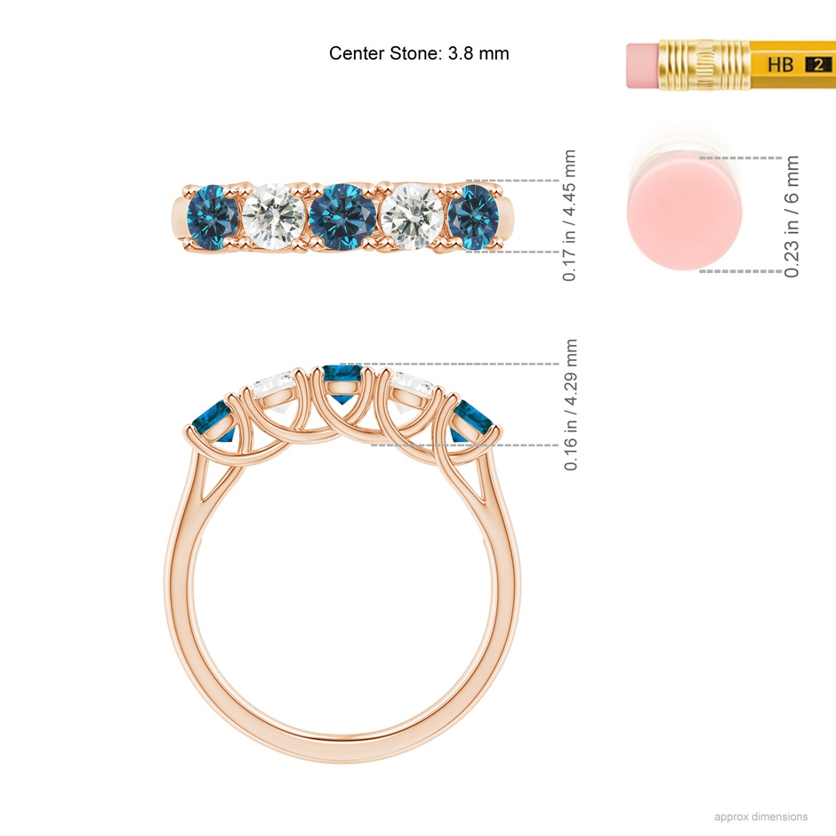 3.8mm AAA Half Eternity Five Stone Blue and White Diamond Wedding Band in Rose Gold ruler