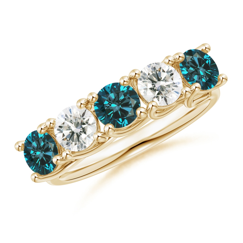 4.5mm AA Half Eternity Five Stone Blue and White Diamond Wedding Band in Yellow Gold 