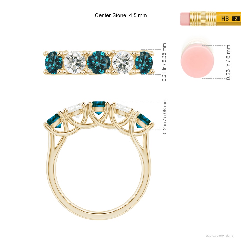 4.5mm AA Half Eternity Five Stone Blue and White Diamond Wedding Band in Yellow Gold ruler