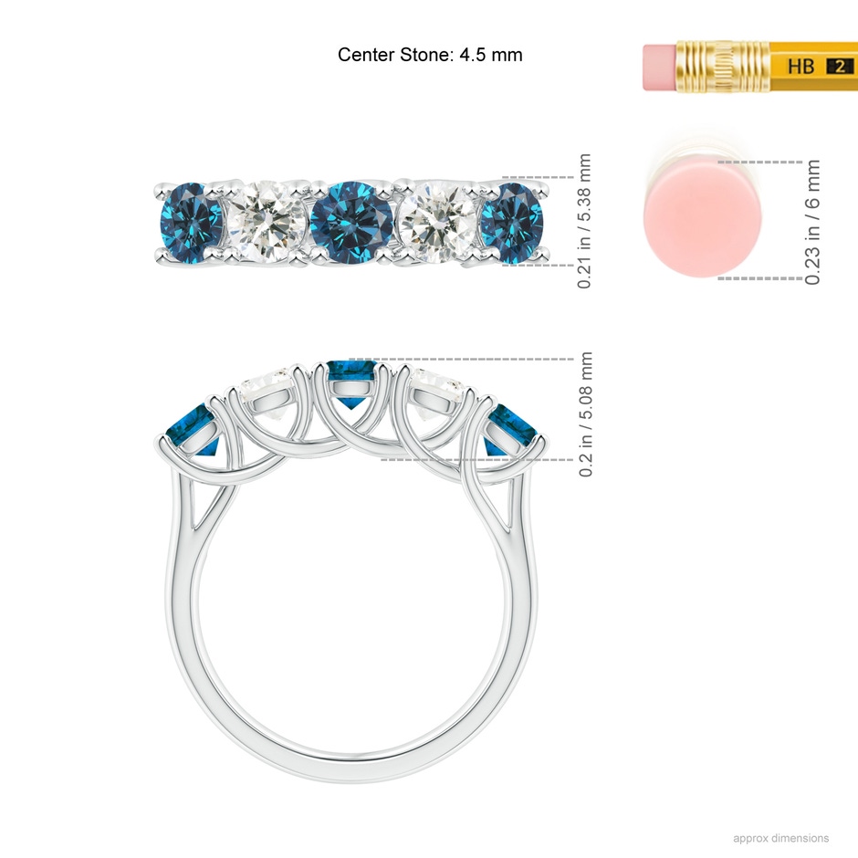 4.5mm AAA Half Eternity Five Stone Blue and White Diamond Wedding Band in P950 Platinum ruler