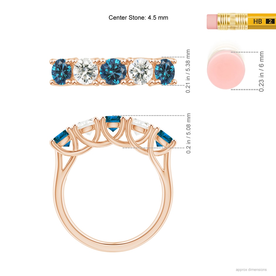4.5mm AAA Half Eternity Five Stone Blue and White Diamond Wedding Band in Rose Gold ruler