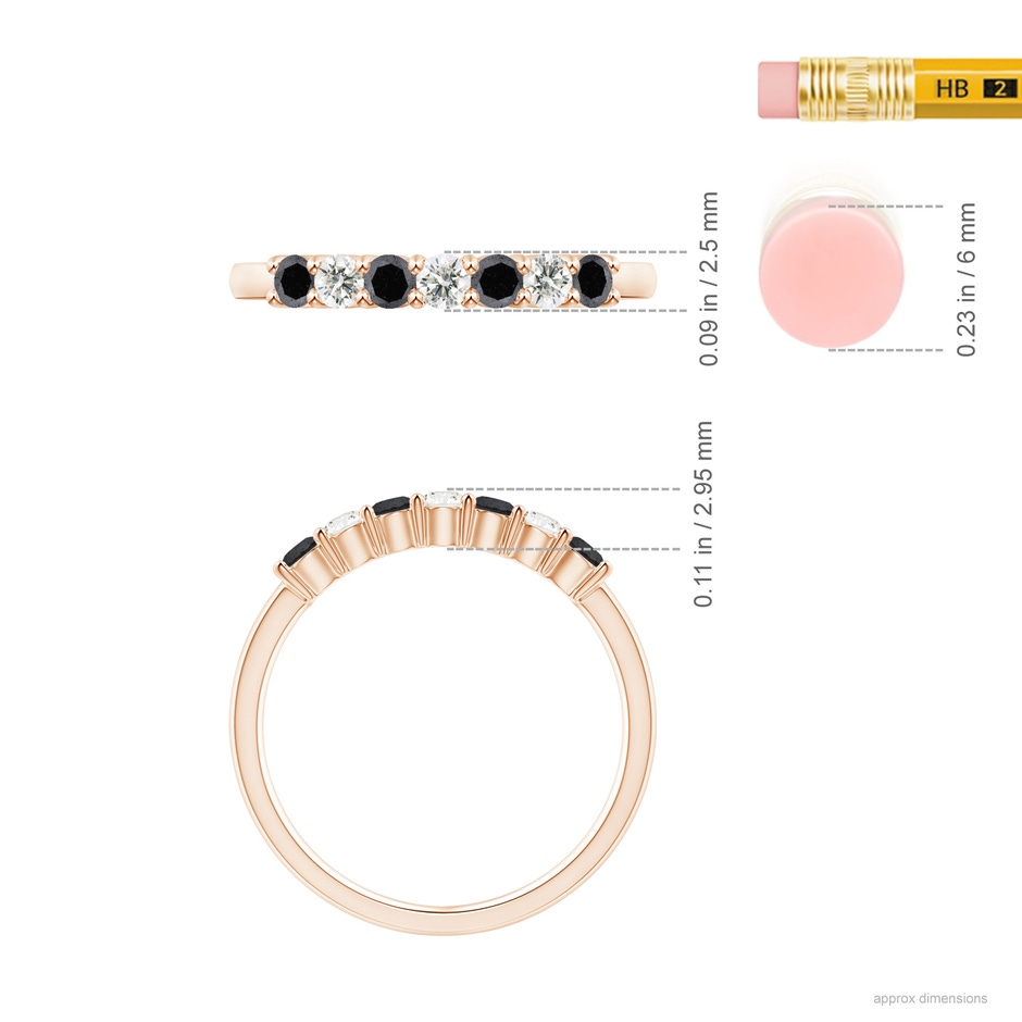 2.5mm A Seven Stone Black and White Diamond Wedding Band in Rose Gold ruler