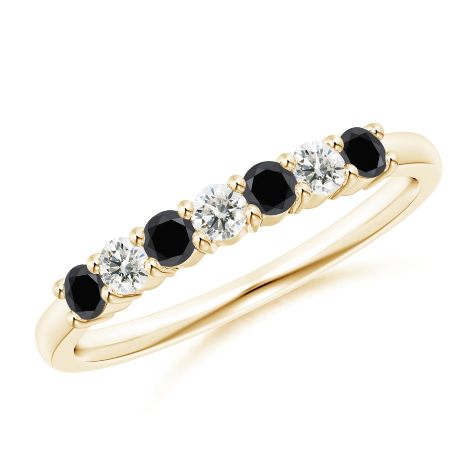 2.5mm AA Seven Stone Black and White Diamond Wedding Band in Yellow Gold 