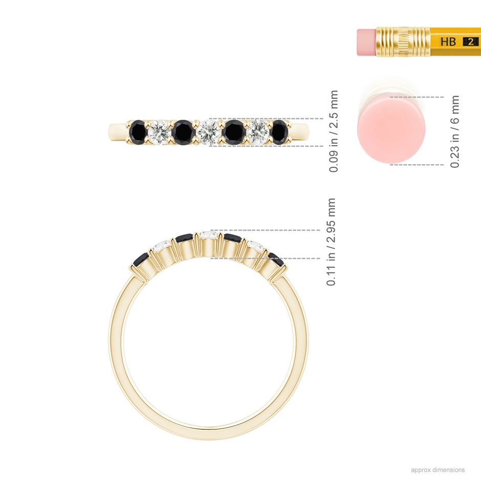 2.5mm AA Seven Stone Black and White Diamond Wedding Band in Yellow Gold ruler