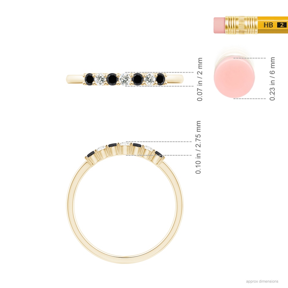 2mm AA Seven Stone Black and White Diamond Wedding Band in Yellow Gold ruler