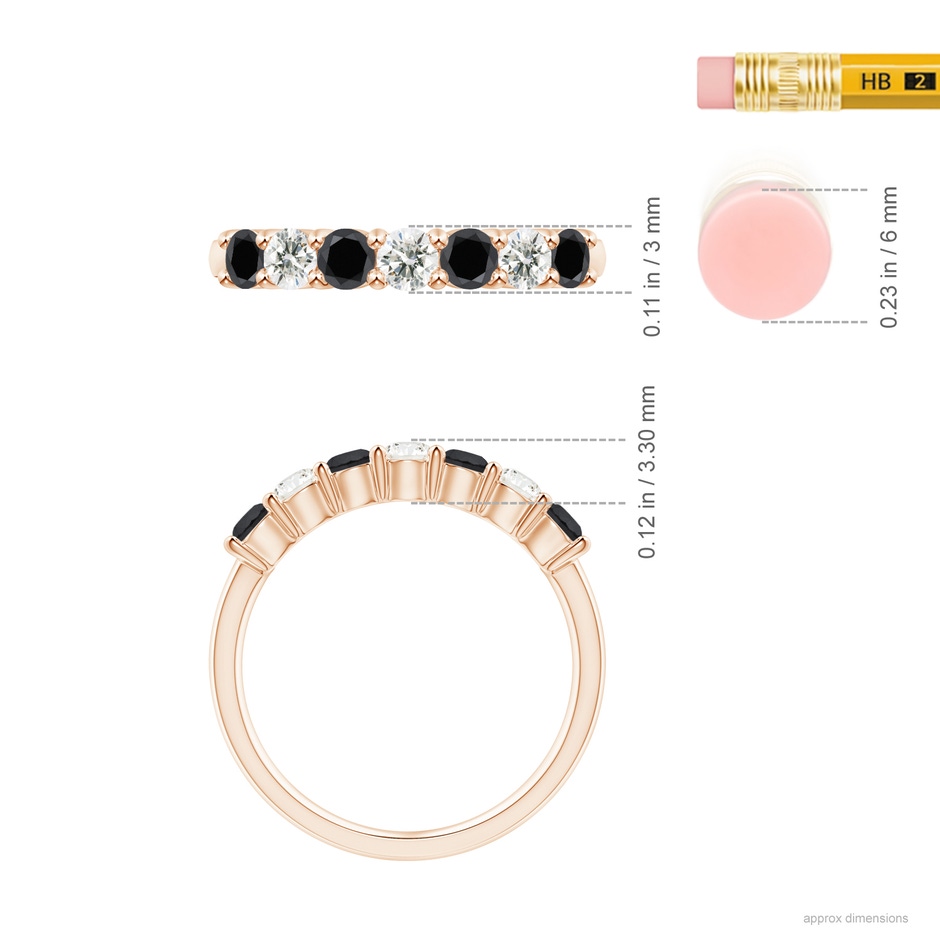 3mm AA Seven Stone Black and White Diamond Wedding Band in Rose Gold ruler