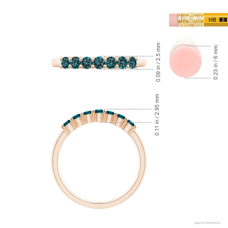 2.5mm AA Half Eternity Seven Stone Blue Diamond Wedding Band in Rose Gold ruler