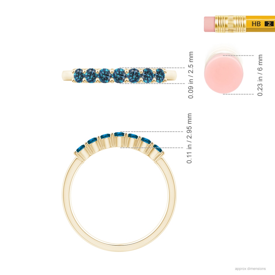 2.5mm AAA Half Eternity Seven Stone Blue Diamond Wedding Band in Yellow Gold ruler