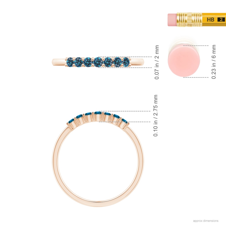 2mm AAA Half Eternity Seven Stone Blue Diamond Wedding Band in Rose Gold ruler