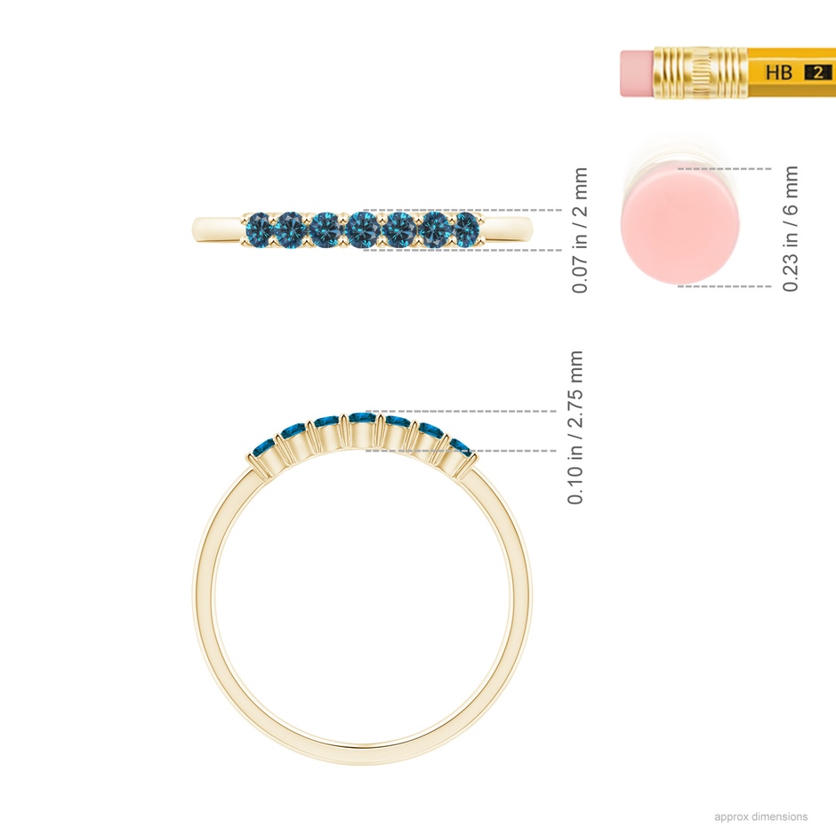 2mm AAA Half Eternity Seven Stone Blue Diamond Wedding Band in Yellow Gold ruler