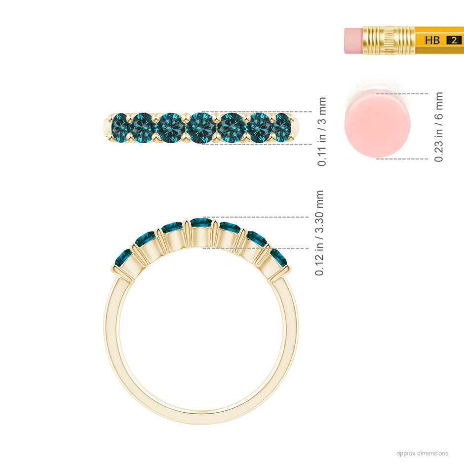 3mm AA Half Eternity Seven Stone Blue Diamond Wedding Band in Yellow Gold ruler