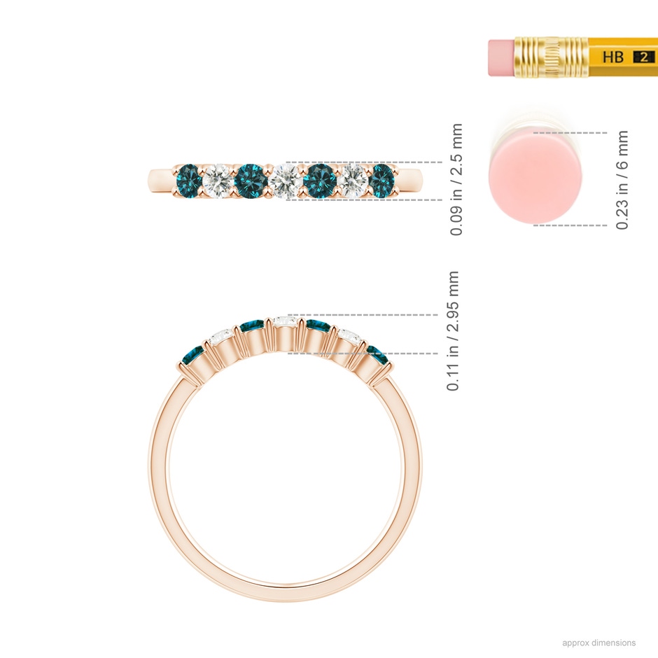 2.5mm AA Seven Stone Blue and White Diamond Wedding Band in Rose Gold ruler