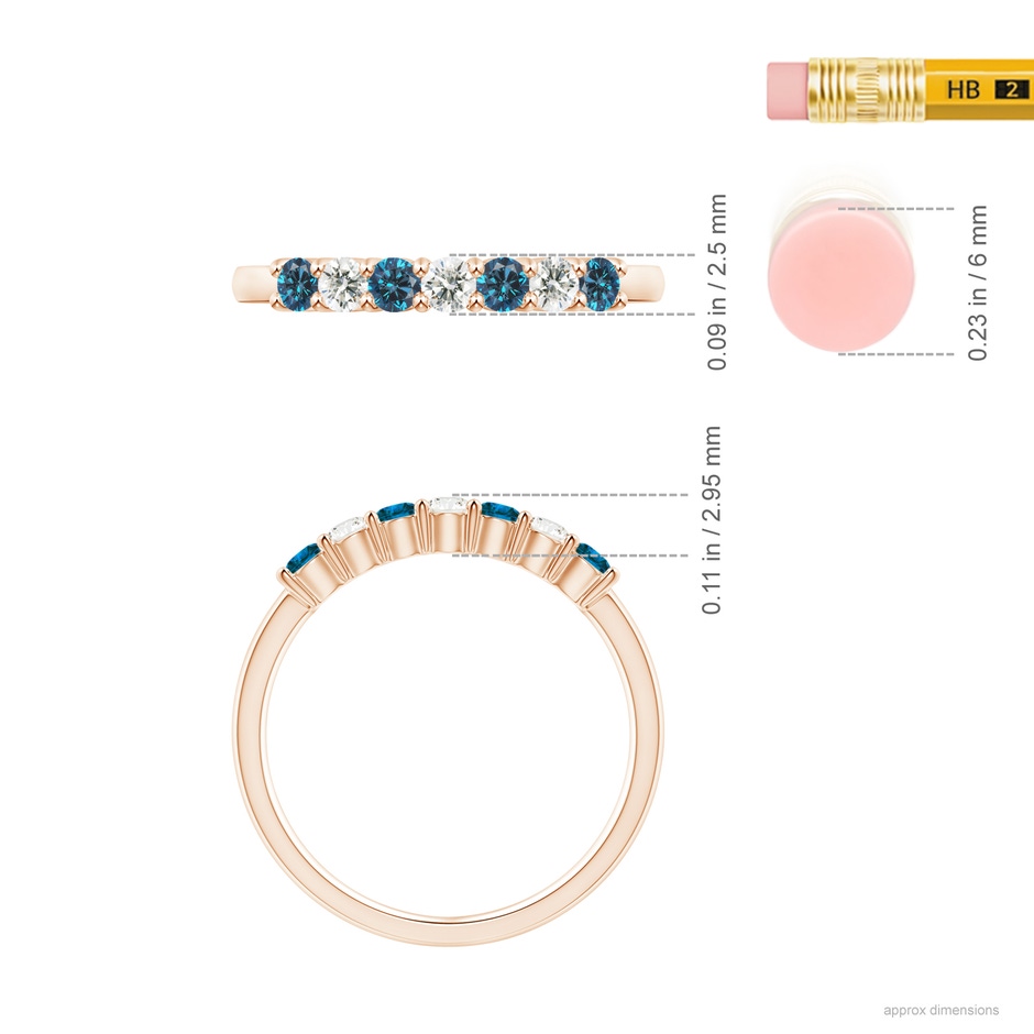 2.5mm AAA Seven Stone Blue and White Diamond Wedding Band in Rose Gold ruler