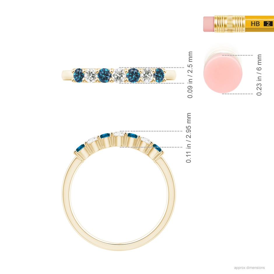 2.5mm AAA Seven Stone Blue and White Diamond Wedding Band in Yellow Gold ruler