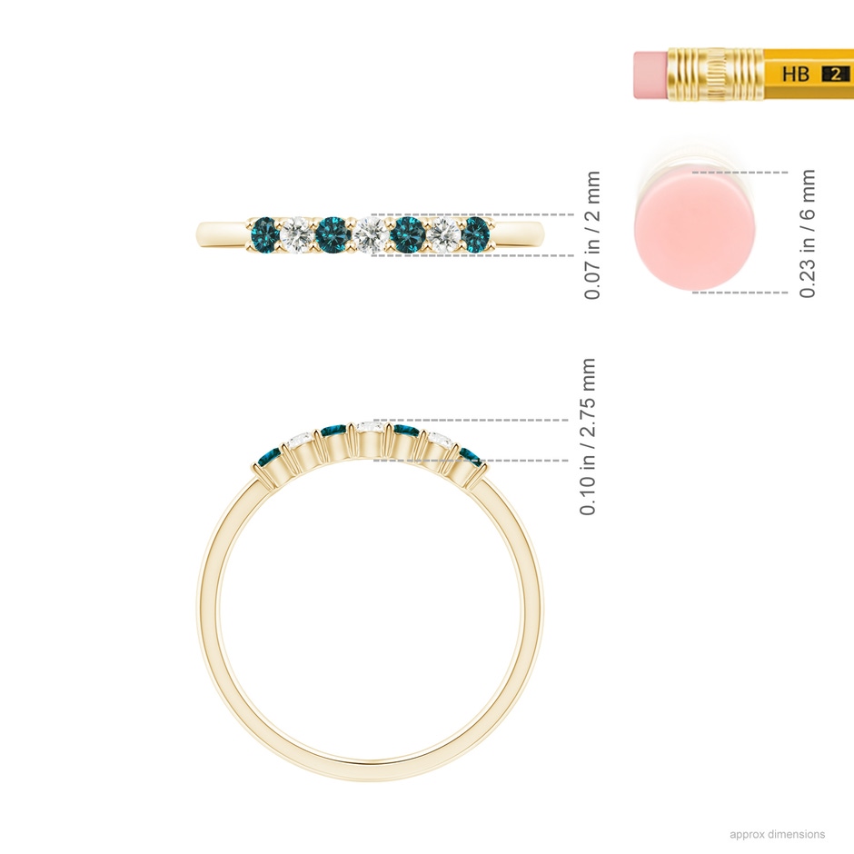 2mm AA Seven Stone Blue and White Diamond Wedding Band in Yellow Gold ruler